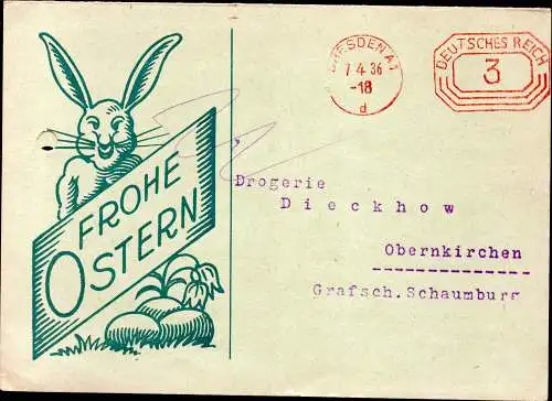 DR  Werbe-Klappkarte DRESDEN - Obernkirchen - 7.4.36  der Chemischen Werke Flörsheim