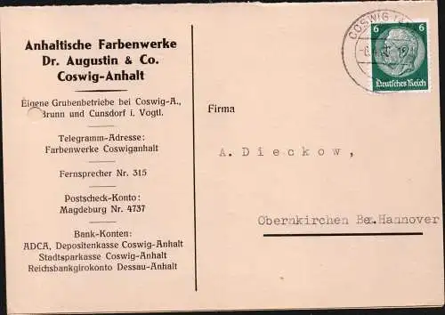 DR  Klappkarte COSWIG (ANHALT) - Obernkirchen - 6.4.36 - Mi.516 von Farbenwerke