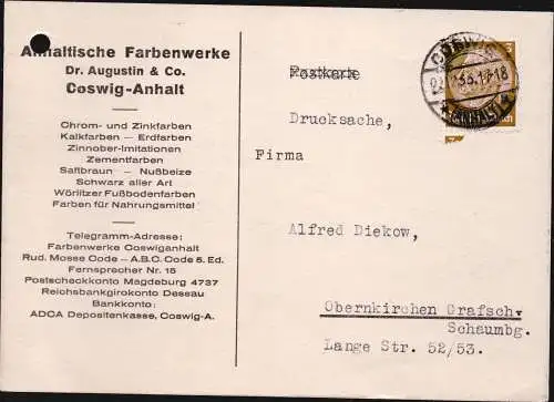 DR  Postkarte  COSWIG (ANHALT) - Obernkirchen - 22.12.33 - Mi.482 - Farbenwerke