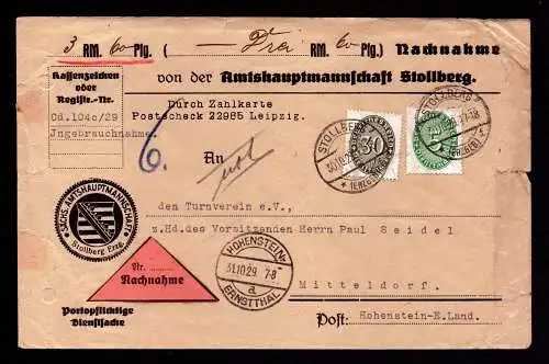 DR  Nachnahme Brief Dienst  STOLLBERG - Mitteldorf - Hohenstein-Ernstthal - 30.10.29 - Mi.115,120