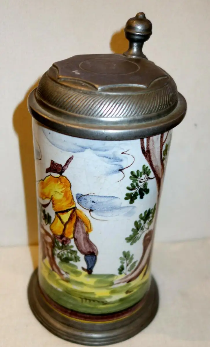 Bierkrug,Keramik,Fayence,Zinndeckel,Jagdmotiv,um 1800 0