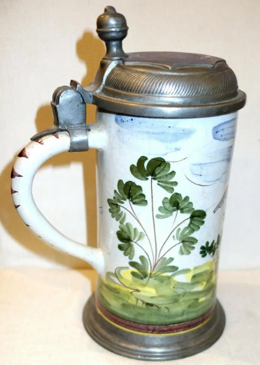 Bierkrug,Keramik,Fayence,Zinndeckel,Jagdmotiv,um 1800 3