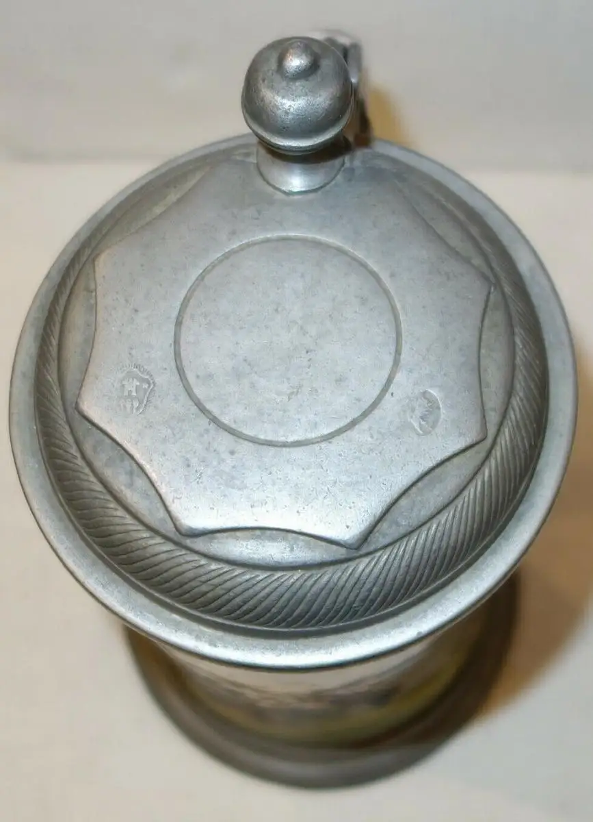 Bierkrug,Keramik,Fayence,Zinndeckel,Jagdmotiv,um 1800 4
