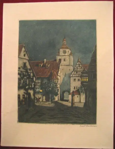 Farb-Radierung,Fritz Hartmann,Rothenburg,Stadt bei Nacht 0