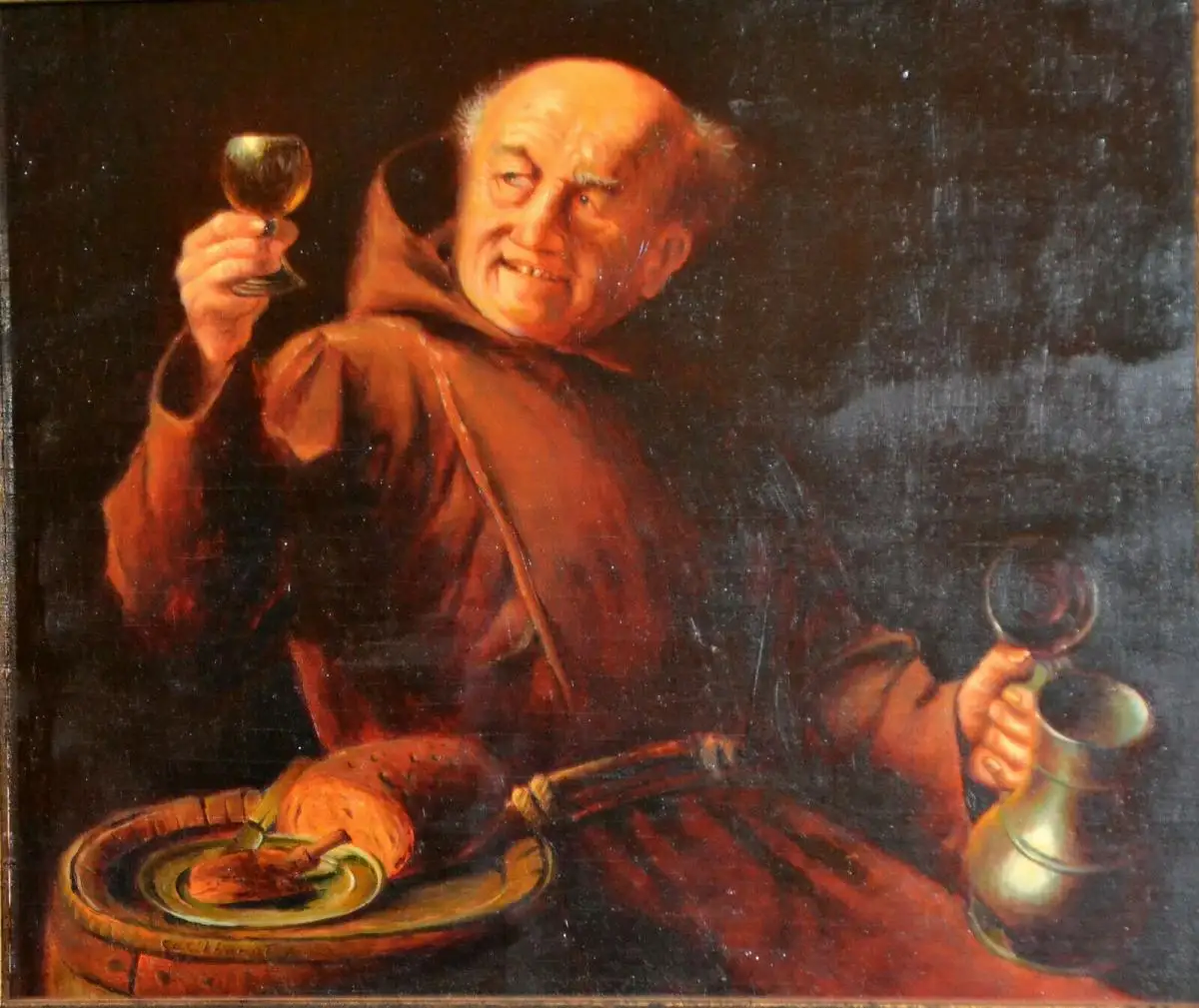Ölbild,Mönch mit Weinglas,Öl auf Holzplatte,gerahmt,signiert,wohl um 1940 2