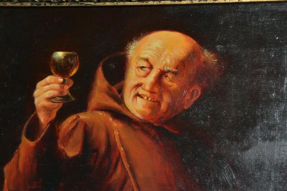 Ölbild,Mönch mit Weinglas,Öl auf Holzplatte,gerahmt,signiert,wohl um 1940 5
