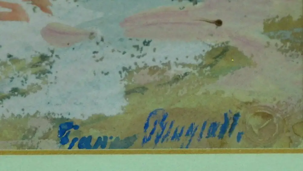 Aquarell,Franz Pflugradt, Landschaft mit Kühen am Weiher,gerahmt, Passepartout 1