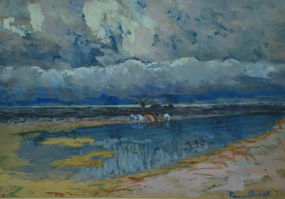 Aquarell,Franz Pflugradt, Landschaft mit Kühen am Weiher,gerahmt, Passepartout 2