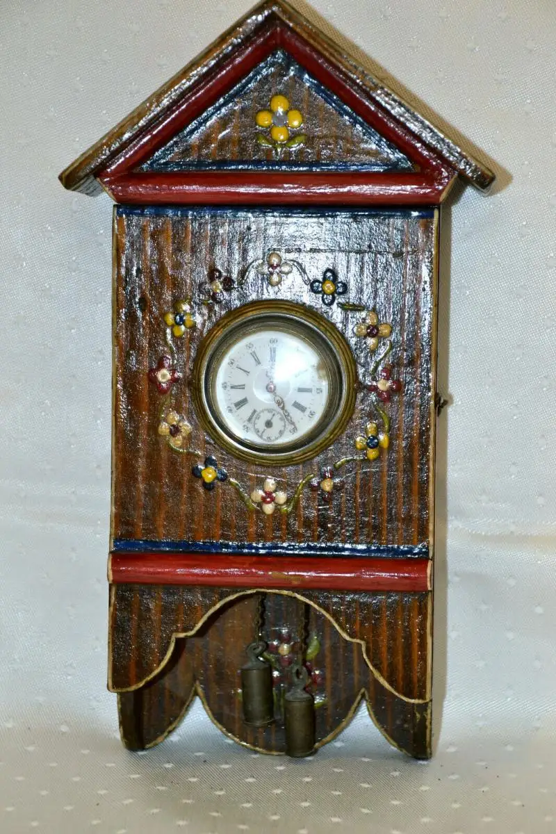 Wanduhr für Puppenstube,silb.Taschenuhr als Uhr,um 1900,Handarbeit,bemalt 1