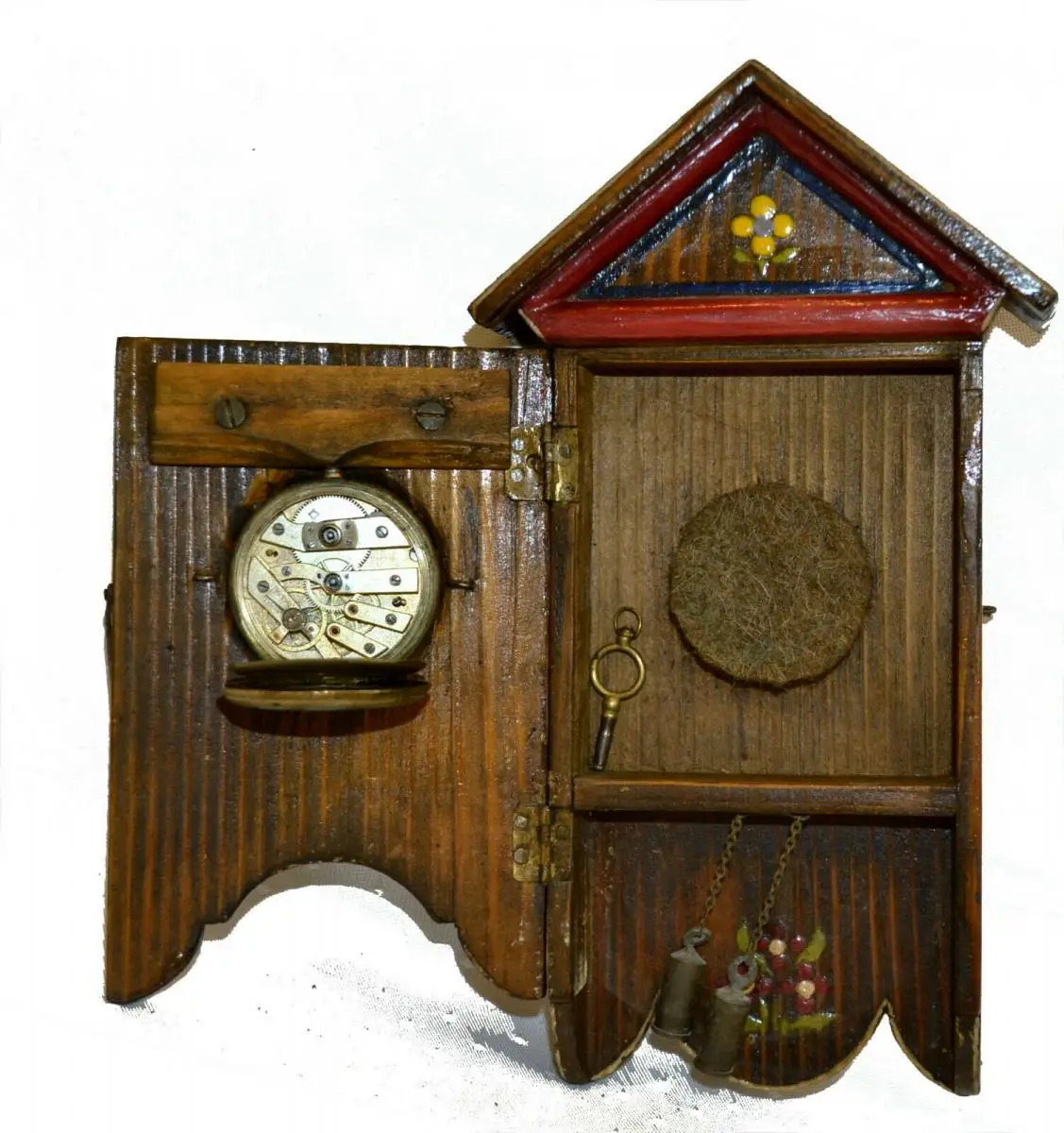 Wanduhr für Puppenstube,silb.Taschenuhr als Uhr,um 1900,Handarbeit,bemalt 3