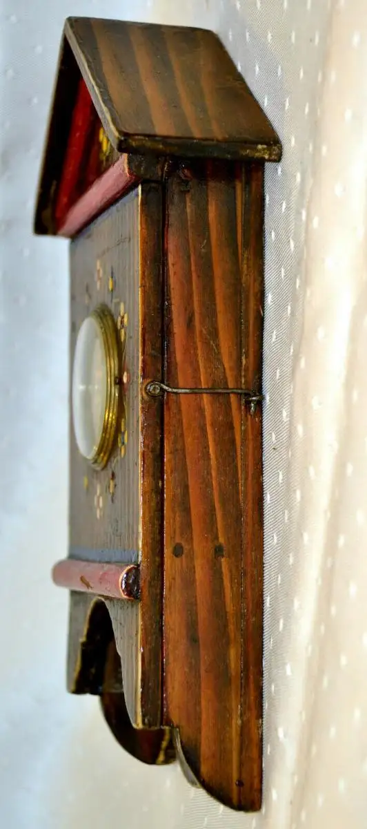 Wanduhr für Puppenstube,silb.Taschenuhr als Uhr,um 1900,Handarbeit,bemalt 6