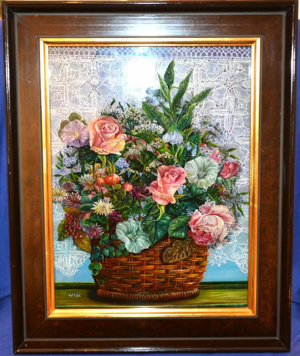 Hinterglasbild,Blumen in einem Korb,naive Malerei,sign.: UTA,gerahmt 1