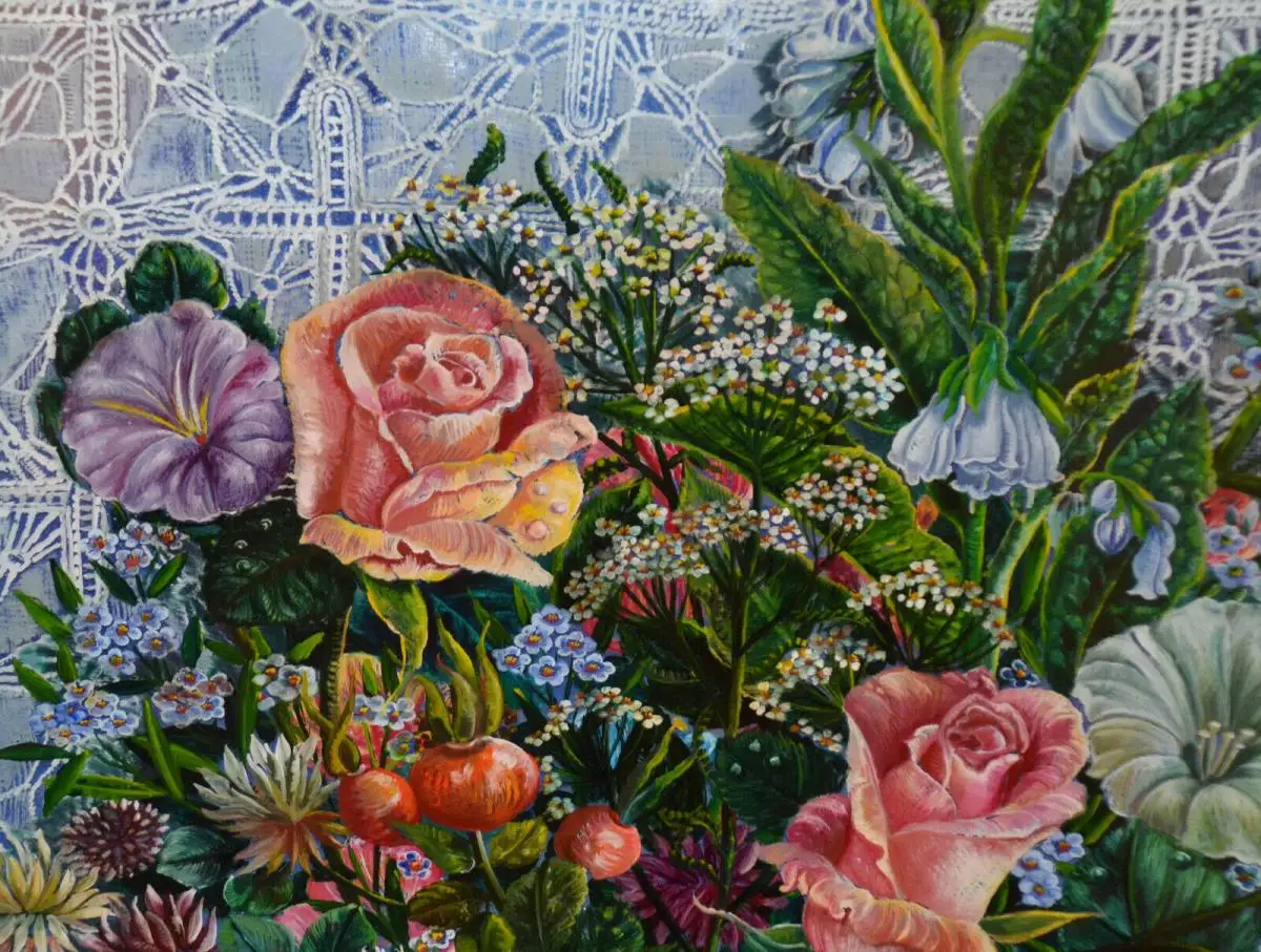 Hinterglasbild,Blumen in einem Korb,naive Malerei,sign.: UTA,gerahmt 2