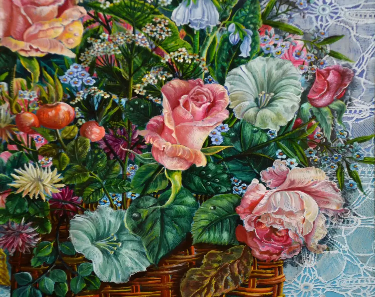 Hinterglasbild,Blumen in einem Korb,naive Malerei,sign.: UTA,gerahmt 3