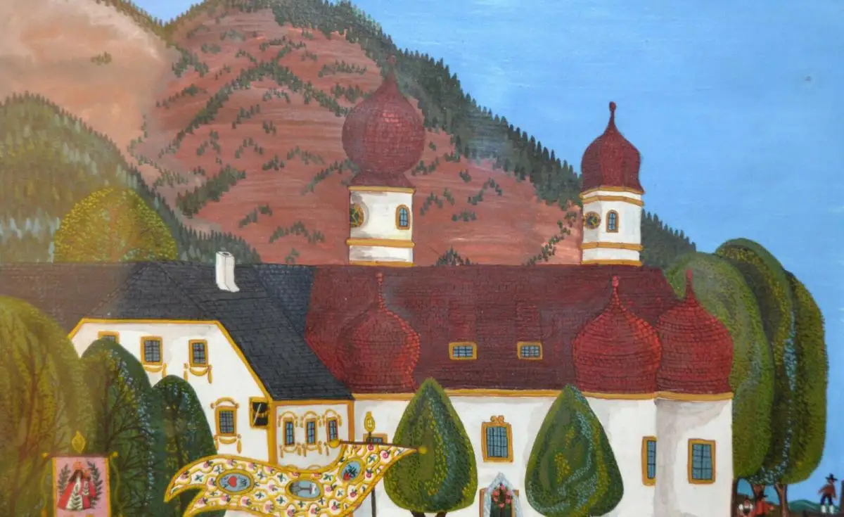 Hinterglasbild,Wallfahrt nach Bartholomä,sign.: Inge Peitzsch,1980,gerahmt 1