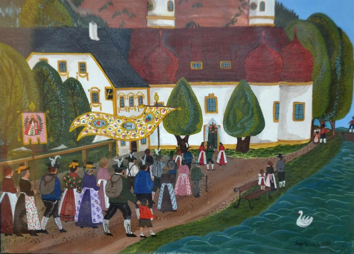 Hinterglasbild,Wallfahrt nach Bartholomä,sign.: Inge Peitzsch,1980,gerahmt 2
