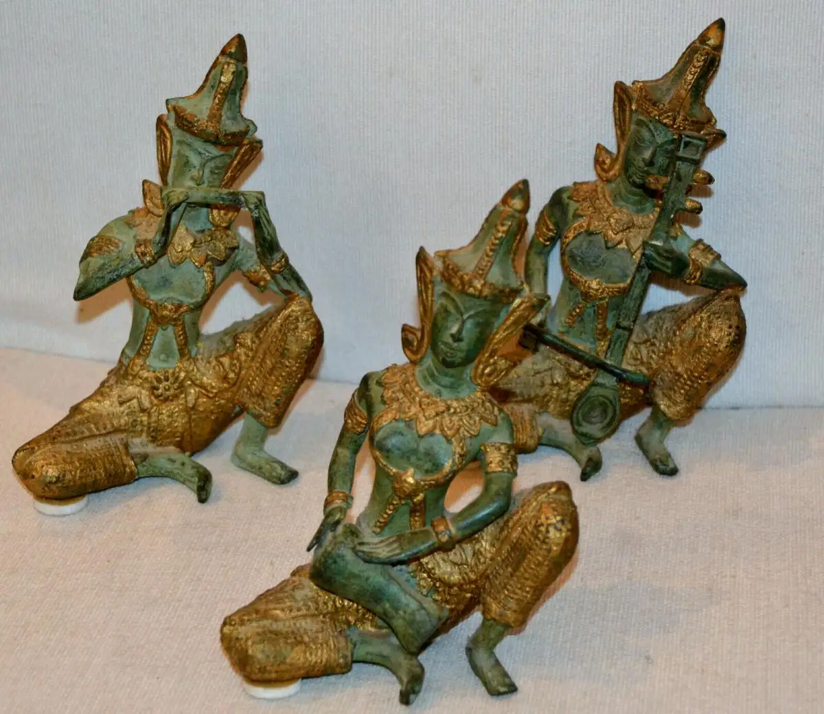 3 thailändische buddistische Figuren(Musiker),Messing,teilweise vergoldet 0