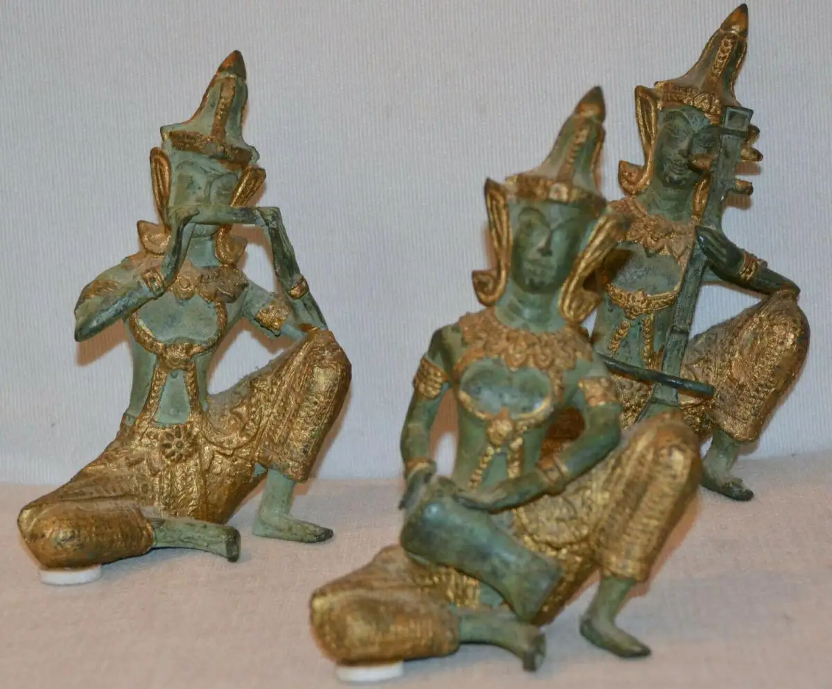 3 thailändische buddistische Figuren(Musiker),Messing,teilweise vergoldet 1