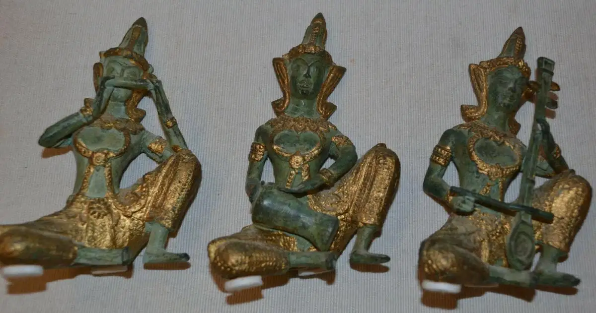 3 thailändische buddistische Figuren(Musiker),Messing,teilweise vergoldet 3