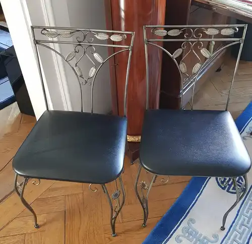 Möbel,Esstisch mit sechs Stühlen,brüniertes Metall,Glasplatte
