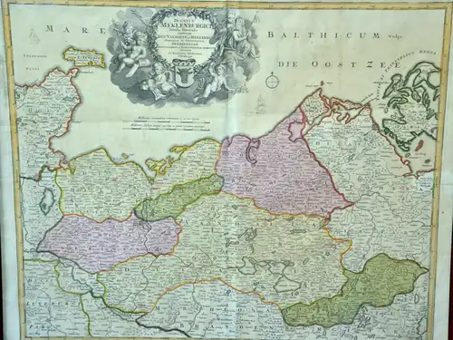 Kupferstich,altkolorierte Landkarte, Ducatus Meklenburgici,Homann,1720,gerahmt