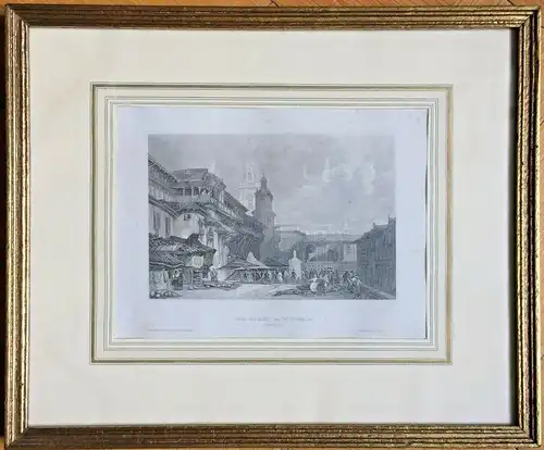 Stahlstich „DER MARKT in VITTORIA“ um 1850, gerahmt hinter Glas