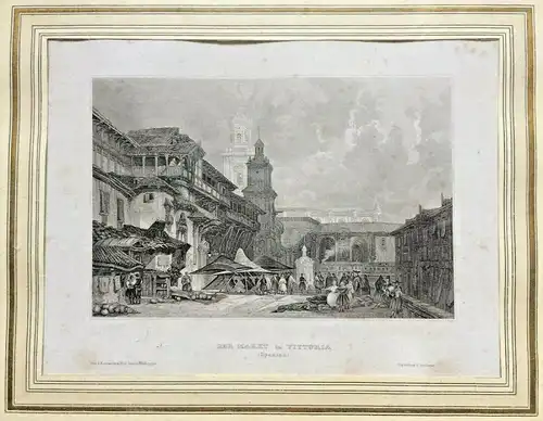 Stahlstich „DER MARKT in VITTORIA“ um 1850, gerahmt hinter Glas
