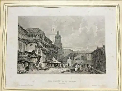 Stahlstich „DER MARKT in VITTORIA“ um 1850, gerahmt hinter Glas