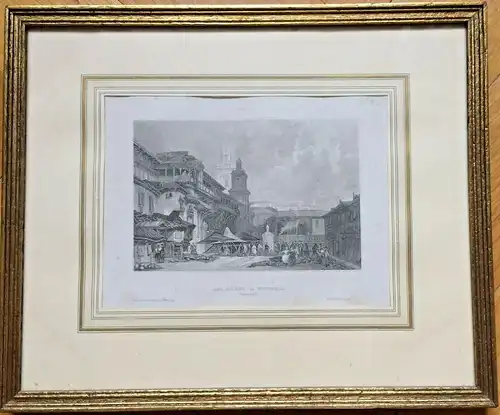 Stahlstich „DER MARKT in VITTORIA“ um 1850, gerahmt hinter Glas