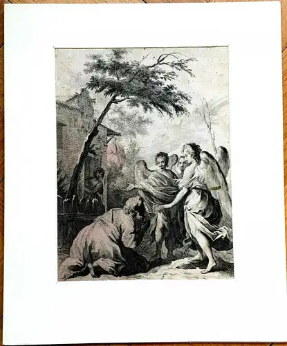 Kupferstich biblische Szene, Abraham -18. Jahrhundert von Johann Georg Hertel
