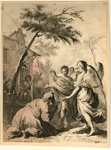 Kupferstich biblische Szene, Abraham -18. Jahrhundert von Johann Georg Hertel