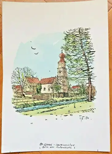 „ST. GEORG - OBERMENZING“ - Col. Original-Zeichnung von Karl Sally Bauer-Oltsch