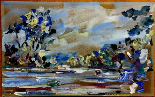 Modernes Aquarell/Pastell Seenlandschaft ,1964, signiert, mit Wasserflecken