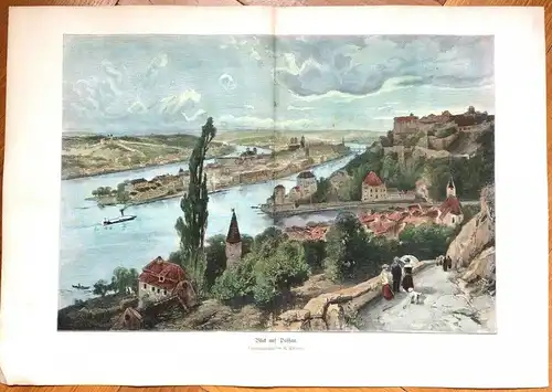 Holzstich,koloriert „Blick auf Passau“ n. Originalzeichnung von Richard Püttner