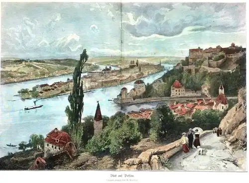 Holzstich,koloriert „Blick auf Passau“ n. Originalzeichnung von Richard Püttner