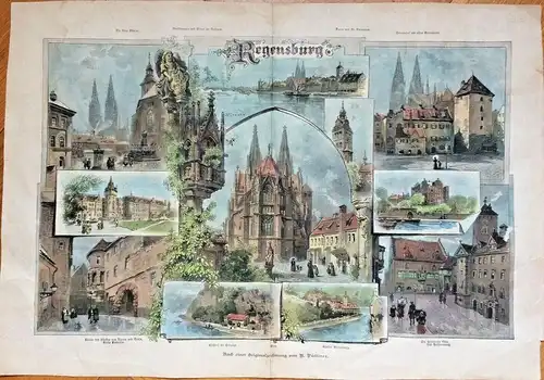 Holzstich,koloriert „Regensburg“ nach einer Originalzeichnung v. Richard Püttner