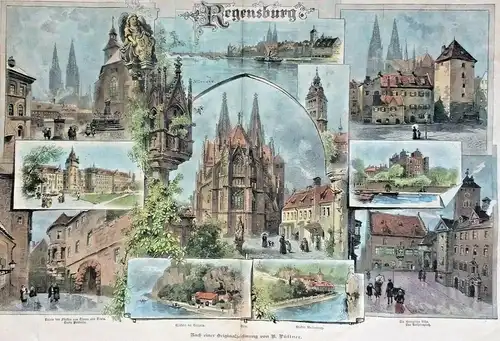 Holzstich,koloriert „Regensburg“ nach einer Originalzeichnung v. Richard Püttner