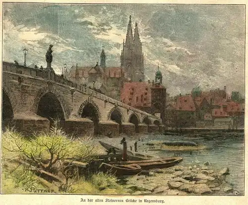 Holzstich,koloriet „An d.alten Steinernen Brücke in Regensburg“n.Richard Püttner