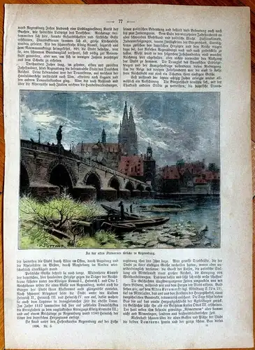 Holzstich,koloriet „An d.alten Steinernen Brücke in Regensburg“n.Richard Püttner