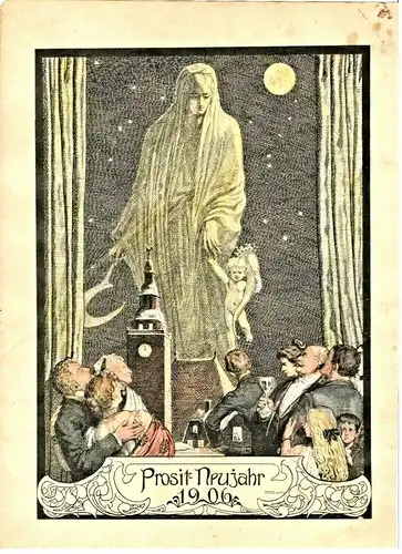 Holzstich,koloriert „Prosit Neujahr 1906“ nach einem Gemälde von Franz Stassen