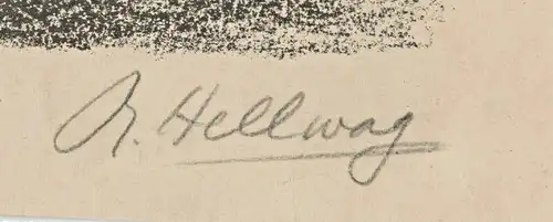 Kohlezeichnung (Druck, kein Original) Hafenansicht, orig.signiert „R. Hellwag"
