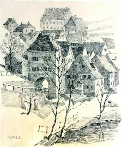 Bleistiftzeichnung (Druck, kein Original) bezeichnet „HALL“