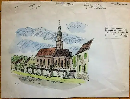 „Dorfpfarrkirche Maria-Himmelfahrt" Original-Zeichng von Karl-Sally Bauer-Oltsch