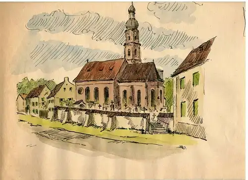 „Dorfpfarrkirche Maria-Himmelfahrt" Original-Zeichng von Karl-Sally Bauer-Oltsch