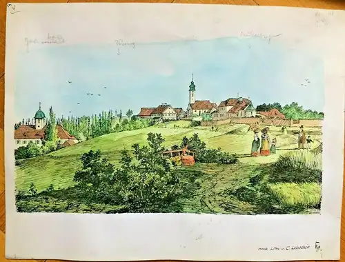 Alt-Bogenhausen - Colorierte Original-Zeichnung von K-S Bauer-Oltsch