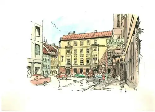 „AM RADSPIELERHAUS“ - Colorierte Original-Zeichnung von K-S Bauer-Oltsch