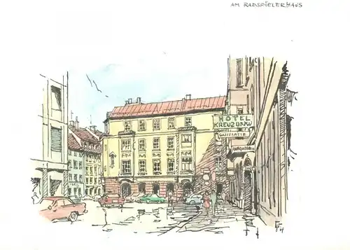 „AM RADSPIELERHAUS“ - Colorierte Original-Zeichnung von K-S Bauer-Oltsch