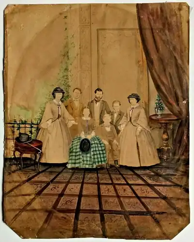 Uralte colorierte Photographie, Gruppenbild, ca. 1860/70 im Passepartout