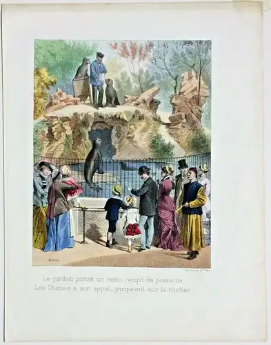 Colorierte Lithographie Szene in einem Tierpark von E. Duruy, ca. 1880