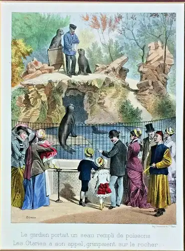 Colorierte Lithographie Szene in einem Tierpark von E. Duruy, ca. 1880